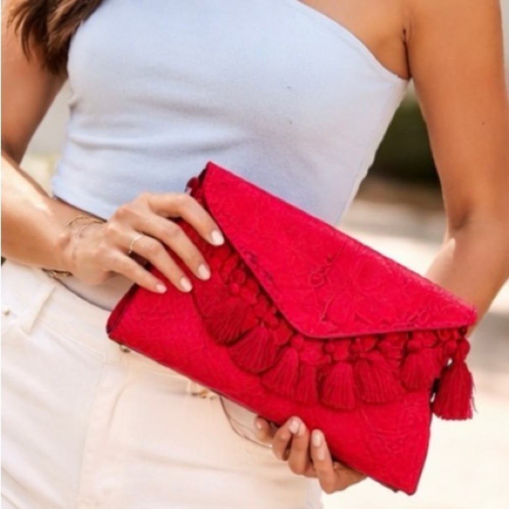 Red Embroidered Tassel Clutch Bag Boho Statement Evening Bag